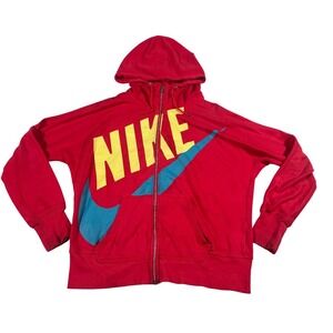 Nike Full Zip Hoodie Red Yellow Teal Graphic Logo Men XL Vintage Style Distresse